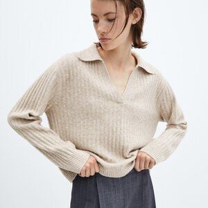 Mango V-Neck Ribbed Knit Sweater In Cream - Size M